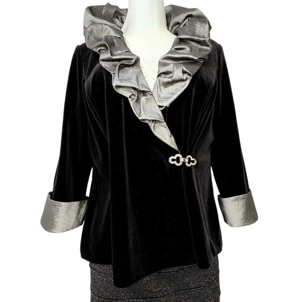 Whimsigoth  Velvet Jacket MP Rhinestone Clasp, Metallic Ruffle Fairy Grunge 90s - Picture 4 of 13